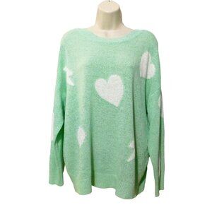 Main Strip Sweater Top M Green Lightweight Hearts Pattern 3/4 Sleeve NEW